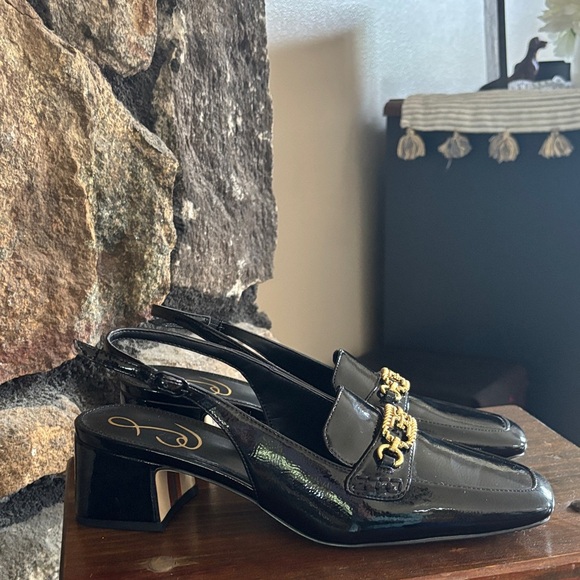 Sam Edelman 7.5 Elegant Black Patent Leather Slingback Loafers w gold accents - Picture 3 of 6